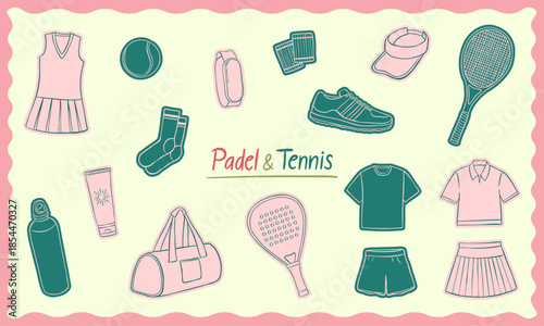 sketch doodle of tennis padel paddle sport elements collection set - pink and green color