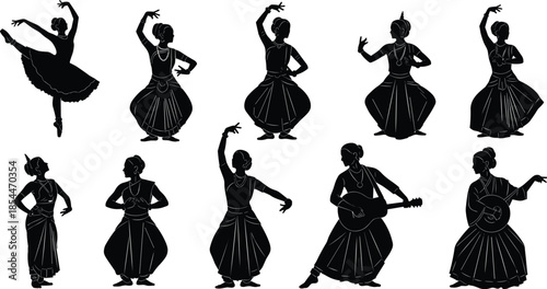 Dancer silhouette vector set, Indian classical dance poses, ballet illustration, cultural performance art, traditional costume graphic, black figure collection