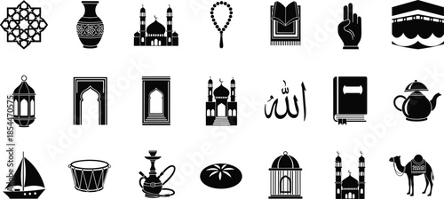 Islamic culture icons set, mosque, Quran, Kaaba, lantern, prayer beads, Arabic calligraphy, traditional elements, vector illustration, black and white symbols