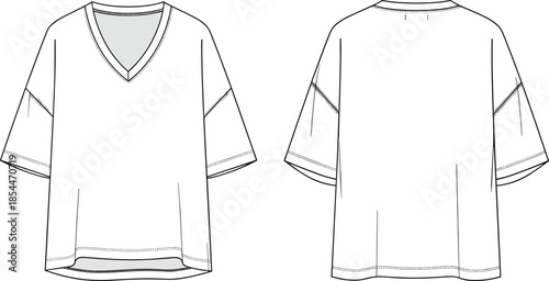Loose fit top sketch, V-neck fashion drawing, short sleeve garment, apparel vector template, cad illustration, clothing design mockup