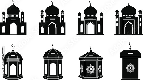 WebMosque and donation box silhouette vector set, Islamic architecture icons, religious charity design, black cultural graphic, worship structure illustration