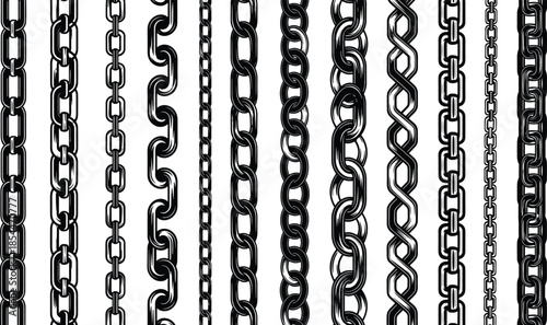 Set of various black metal chain links and borders in different styles and thicknesses for industrial security and decorative frame designs.