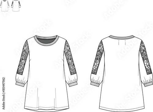 Tunic top sketch, lace sleeve fashion drawing, three-quarter garment design, apparel vector template, cad illustration, clothing mockup, flat style