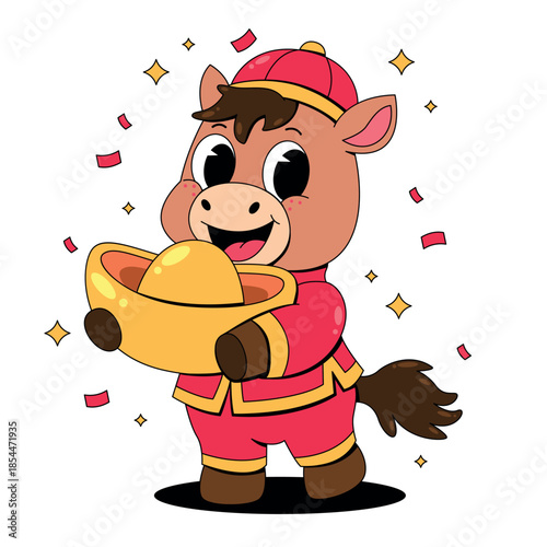 Cute Horse Character Celebrating Lunar New Year with Golden Yuanbao