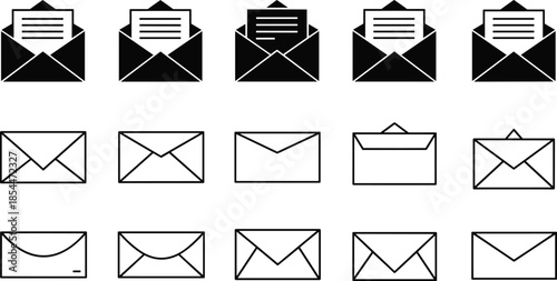 Envelope icon set for email and mail communication, open and closed letter silhouettes, linear and solid message symbols vector illustration, post graphic