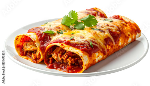 Two enchiladas on white plate, covered in sauce and cheese, garnished with cilantro