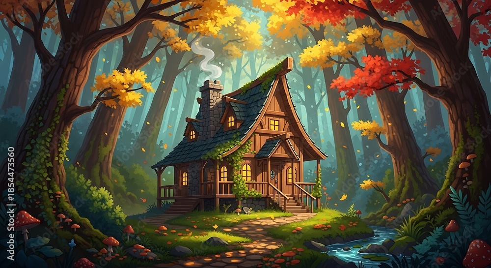 Fototapeta premium Cozy wooden house in autumn forest.