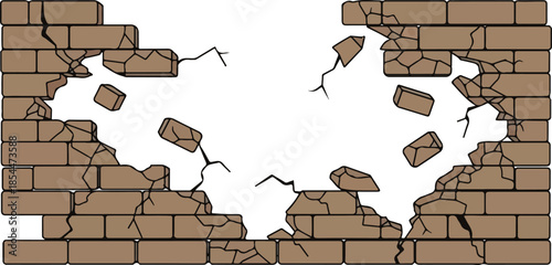 Cracked Brick Wall Illustration Symbolizing Destruction, Damage, and Imperfection, with Fragments