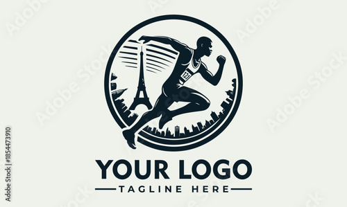 Athletic Silhouette Running Vector Logo with Cityscape Silhouette Inside Circle