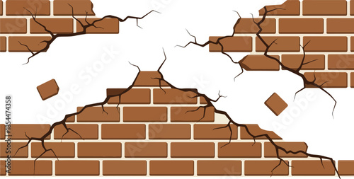 Cracked Brick Wall Illustration Grunge Texture of Damaged Masonry with White Background