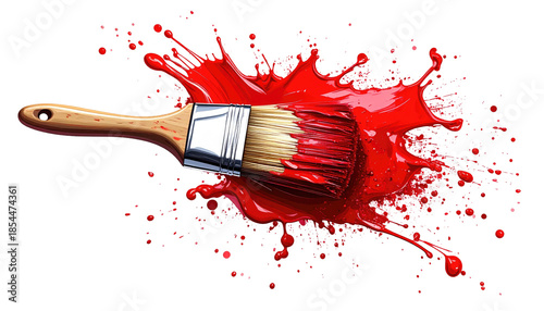 A paint brush amid a splash of vibrant red paint