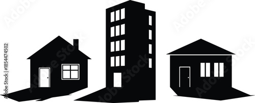 House and apartment building silhouette set, real estate and residential property icons, urban housing architecture vector illustration, home and city living symbols
