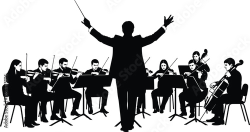 Orchestra conductor leading symphonic musicians silhouette, classical music performers with violins and cellos playing instruments on stage, professional 
