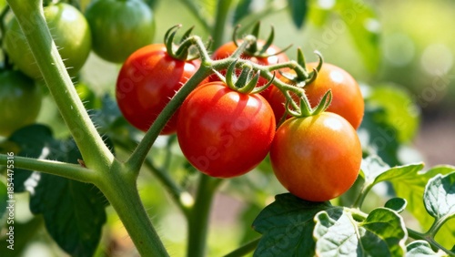 Cherry Tomatoes on Vine with Green Leaves in Natural Light