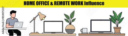 Home office desk setup with laptops, lamp, and plants remote work computer