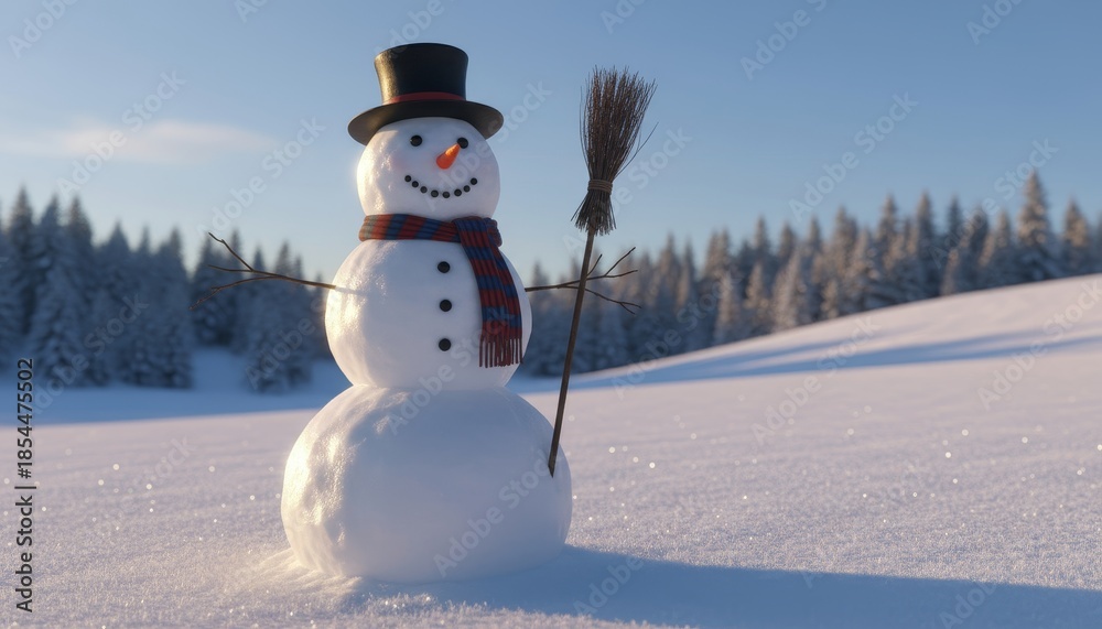 Obraz premium A cheerful snowman stands in a snowy landscape, adorned with a hat, scarf, and broom, surrounded by frosted pine trees under a clear blue sky.