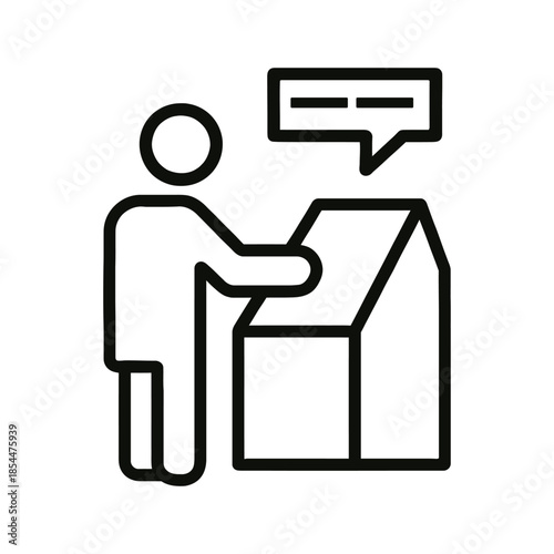 person putting object into cardboard box with speech bubble