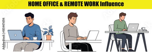 Three men working on laptops at desks in a home office setting male person