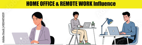 Woman and two men working on laptops in a home office environment people female