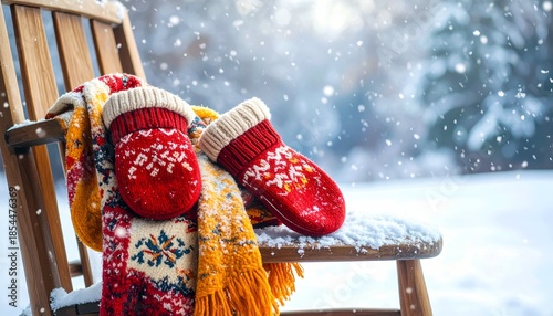 Cozy winter scene with red mittens, a scarf on a wooden chair, snow falling