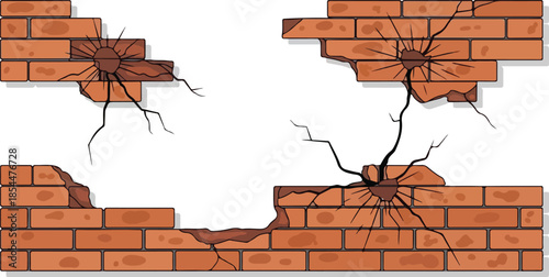 Broken Brick Wall Illustration Grunge Texture, Cracks, and Damage - Design Element
