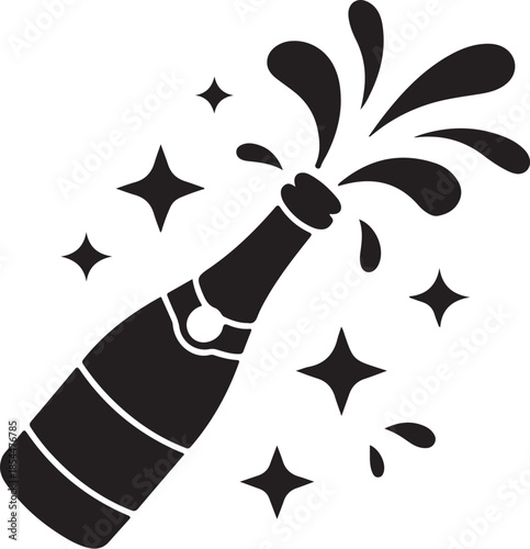Black champagne bottle exploding with stars and splashes