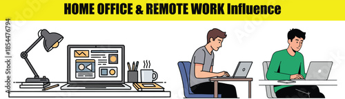 Home office setups with laptops, lamps, books, and people working remote work computer