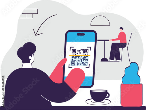 Mobile QR Code Payment Illustration for Cafe and Digital Ordering Concept