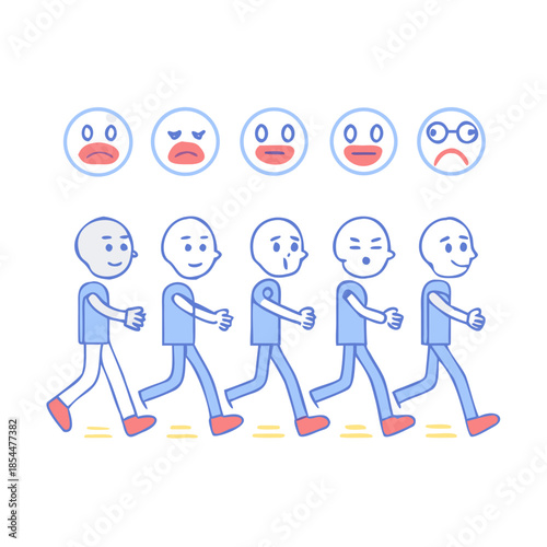 A character sheet for animation, featuring a walk cycle and various emotional states.