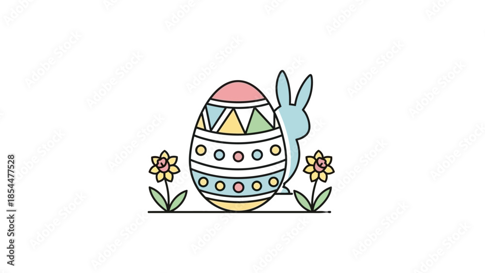 Fototapeta premium Cute Easter bunny behind a decorated egg, surrounded by flowers, celebrating spring and rebirth with a whimsical design, perfect for holiday greetings and springtime festivities