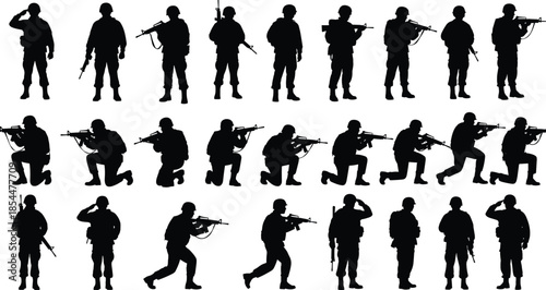 Soldier silhouette collection set, military personnel with rifles in combat poses, army infantry standing and kneeling tactical action vector illustration, war icons