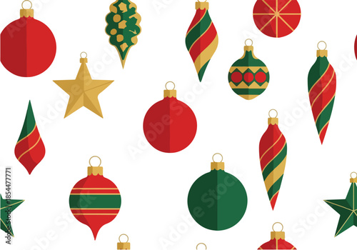Festive Christmas pattern featuring ornaments, stars, and baubles in a vibrant holiday arrangement