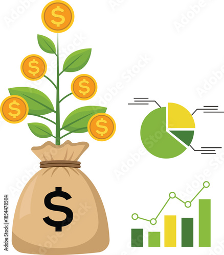 Money Growth and Finance Investment Concept Vector with Coin Tree and Charts