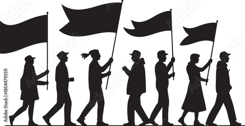 Black silhouette figures holding flags in a line people
