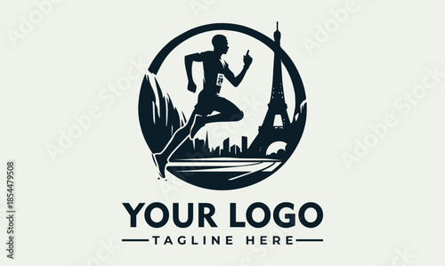 Dynamic vector logo featuring a running athlete silhouette against a stylized cityscape, perfect for sports events, travel branding, and active lifestyle promotions