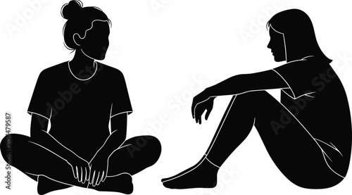 Two young women sitting and talking silhouette set, female friends in casual conversation, girls relaxing and chatting vector illustration black graphic icons