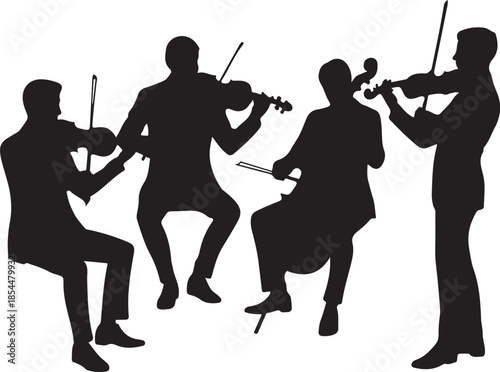 Black silhouette of a string quartet playing instruments