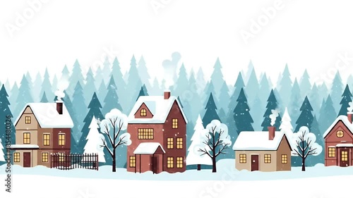 Cozy Pixel Art Village Snowfall Gentle Winter Forest Background Loop