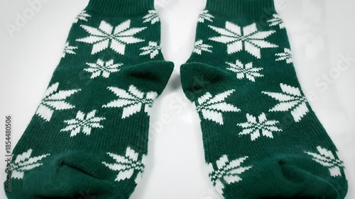 Cozy Knitted Christmas Socks Green and Red with Snowflake Patterns