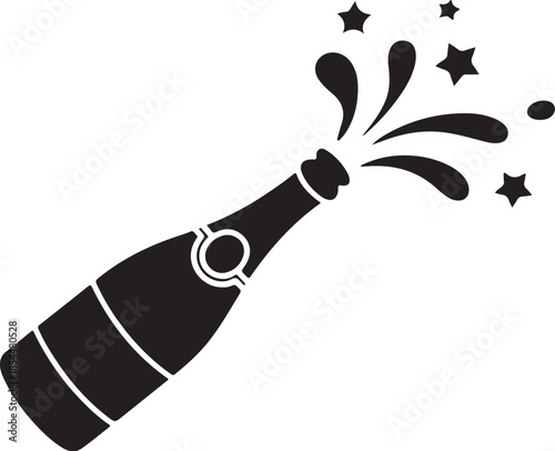 Black silhouette of champagne bottle with exploding liquid and stars