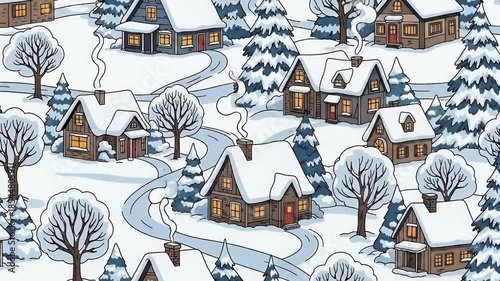 Cozy Village Winter Snow Seamless Loop Animation Footage