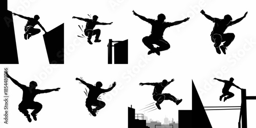 Dynamic Parkour and Free-Running Silhouettes Set Showing Jumps, Leaps, and Urban Acrobatics Vector Collection.