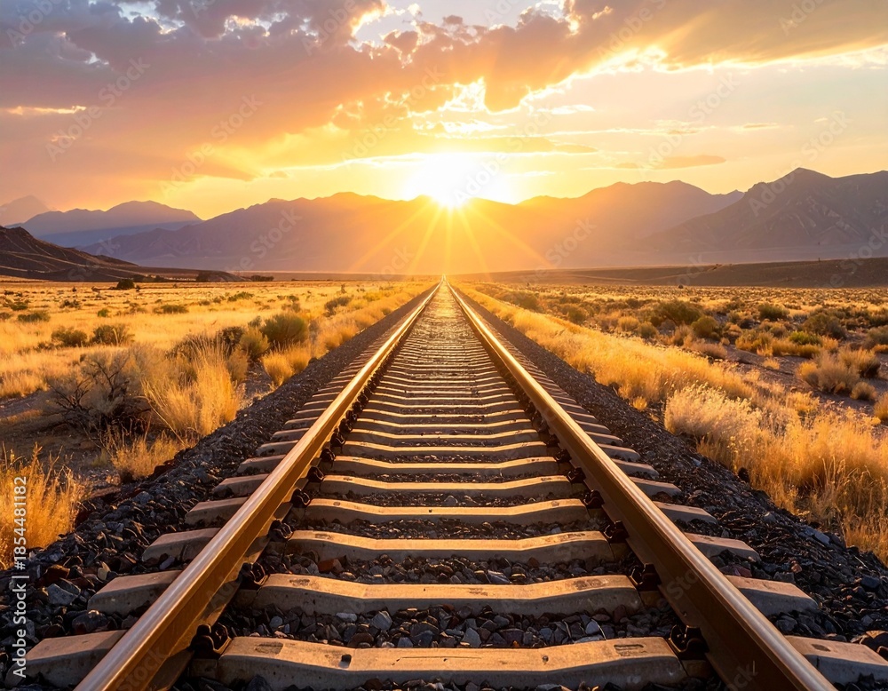 Fototapeta premium Golden Hour Railroad Tracks Leading Towards the Setting Sun in a Desert Landscape.