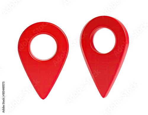 Two glossy red location markers, side by side, isolated on black (1)