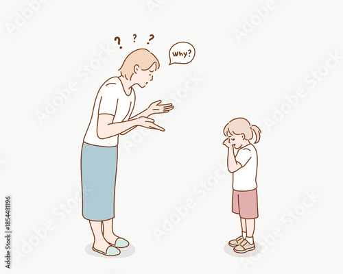 A mother panicking with her crying daughter, asking him why he is crying. Original vector illustration drawn by hand.