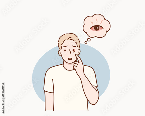 man suffers from sore eyes. Inflammation and sharp pain in eyes. Redness eyes. Conjunctivitis, infection and allergies symptom. Original vector illustration drawn by hand.