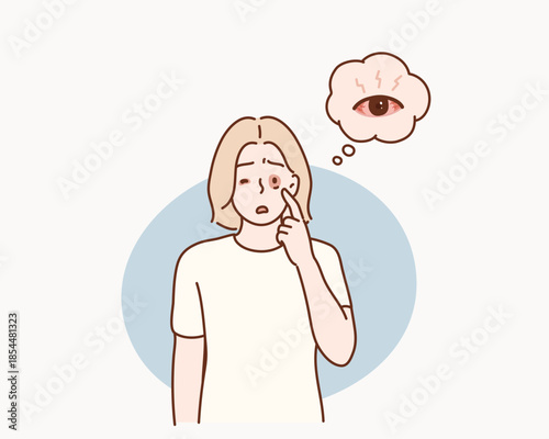 Woman suffers from sore eyes. Inflammation and sharp pain in eyes. Redness eyes. Conjunctivitis, infection and allergies symptom. Original vector illustration drawn by hand.