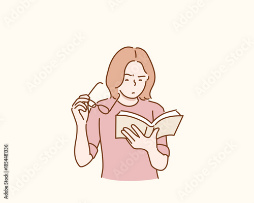 Woman with poor eyesight reading book. Original vector illustration drawn by hand.
