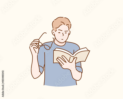 Man with poor eyesight reading book. Original vector illustration drawn by hand.