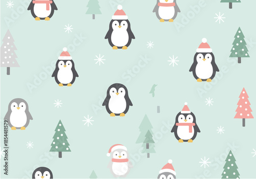 Festive penguins in Santa hats forming a seamless Christmas pattern on a light green background with snowflakes and trees